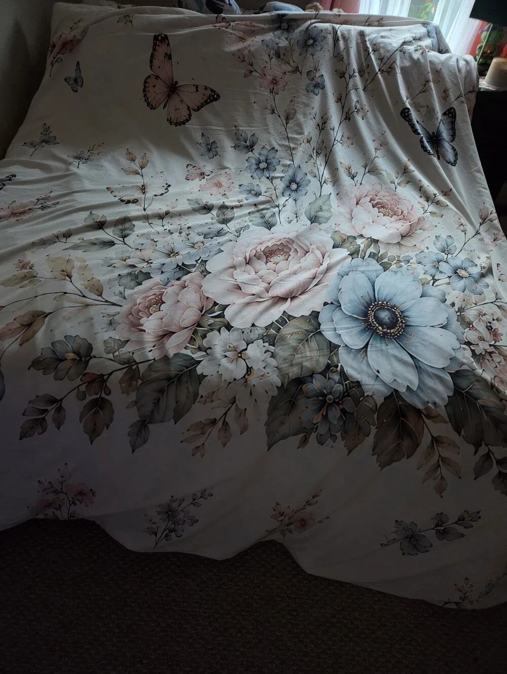 King Size Floral Butterfly Duvet Cover Set in Blue and Pink With Matching Shams